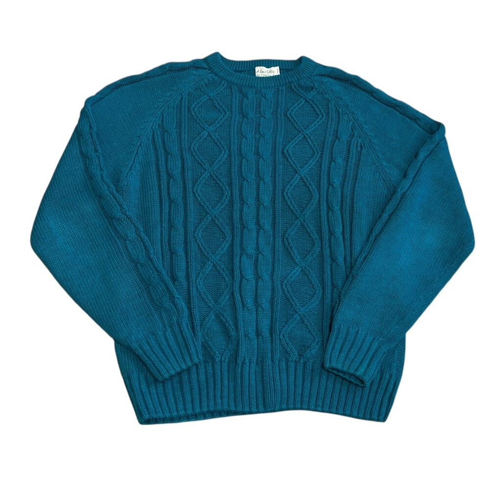 Vintage Sears Mens Store Sweater Large Cable Knit Fisherman Teal Green Grandpa